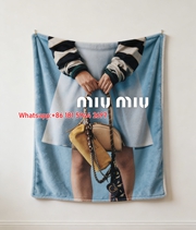 Miu Miu Light Blue Dress with Beige and Yellow Bags Print Flannel Throw Blanket IMG_0389